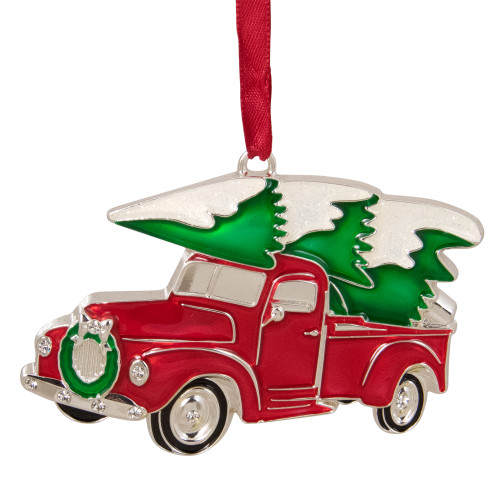 Country Pick Up Truck with European Crystals Christmas Ornament - 3.5" - Red and Green - IMAGE 1