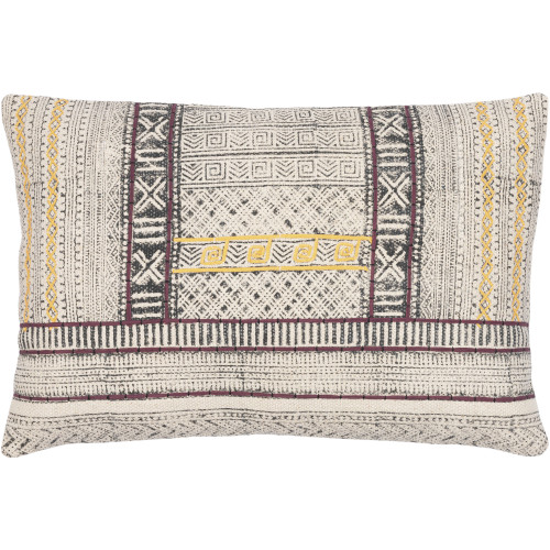 24" Dark Brown and Yellow Block Printed Rectangular Throw Pillow - Down Filler - IMAGE 1