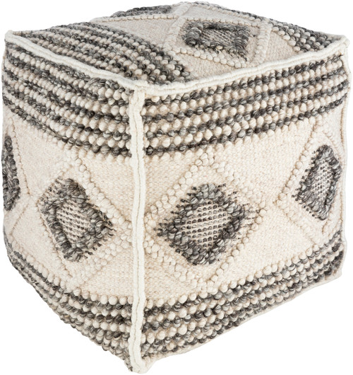 18" Charcoal Black and Ivory Pouf Ottoman with Piping Edge - IMAGE 1