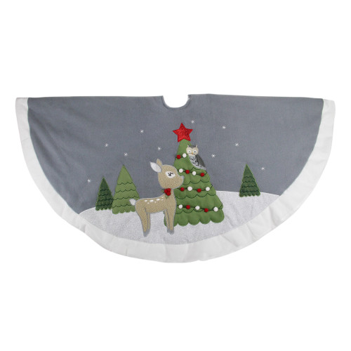 48" Gray and White Deer with Owl Christmas Tree Skirt - IMAGE 1