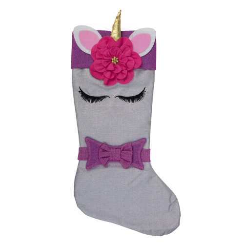 20" White Unicorn Face Christmas Stocking with Purple Bow and Cuff - IMAGE 1