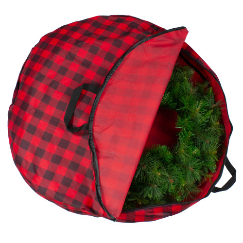 30" Heavy Duty Red and Black Plaid Christmas Wreath Storage Bag with Handles - IMAGE 1
