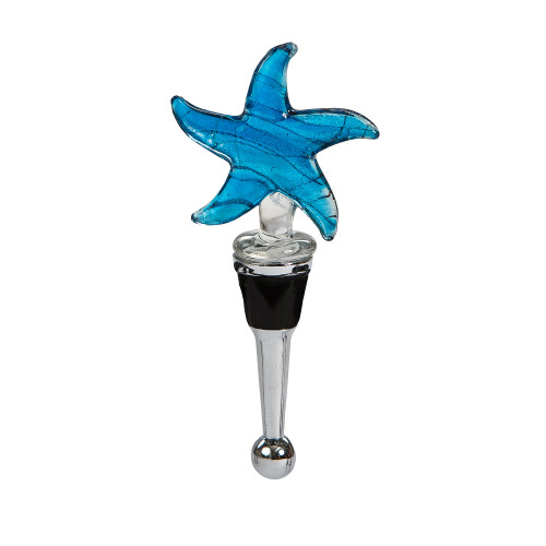 5" Blue and Stainless Steel Handblown Glass Starfish Wine Bottle Stopper - IMAGE 1