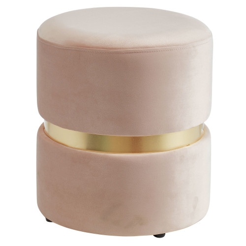 16" Blush Pink and Gold Contemporary Round Upholstered Ottoman - IMAGE 1