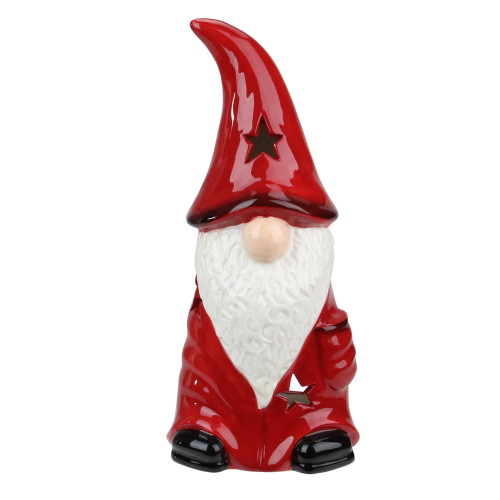 9.75 Red Ceramic Christmas Star Gnome Tealight Candle Holder - IMAGE 1
