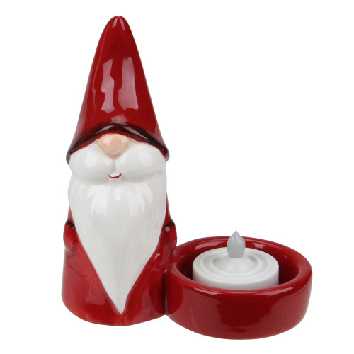 4.75" Red Ceramic Mini Christmas Gnome Tealight Candle Holder - IMAGE 1