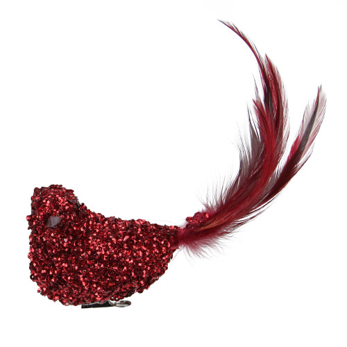 Sequined Bird with Feather Tail Christmas Clip-on Ornament - 6" - Red - IMAGE 1