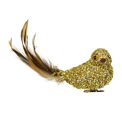 6.5" Gold Sequined Bird with Feather Tail Christmas Ornament with Clip - IMAGE 1