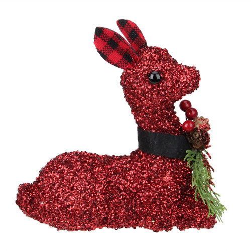 Embellished Sitting Reindeer with Buffalo Plaid Ears - 6.5" - Red - IMAGE 1