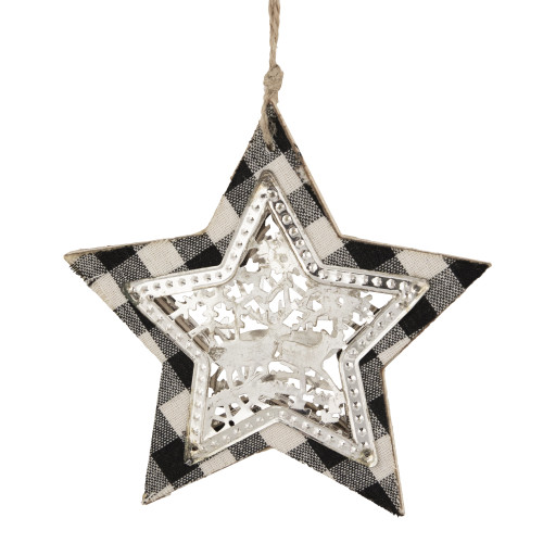 Buffalo Plaid Star with Reindeer Christmas Ornament - 5" - Black and White - IMAGE 1