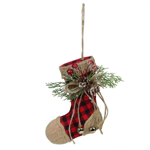 5.75" Red Plaid and Burlap Christmas Stocking Ornament - IMAGE 1