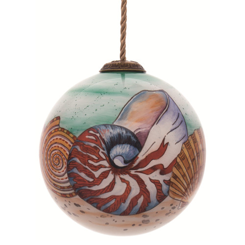 3” Green and Beige Sandy Beach Shell Hand Painted Mouth Blown Glass Hanging Christmas Ornament - IMAGE 1