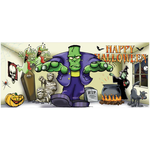 7' x 16' Green and Purple Frank Friends Halloween Double Car Garage Door Banner - IMAGE 1