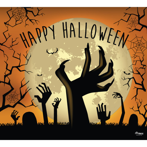 7' x 8' Orange and Black Graveyard Zombie Hands Halloween Single Car Garage Door Banner - IMAGE 1