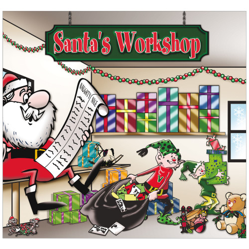 7' x 8' Red and Green Santa's Workshop Outdoor Split Car Garage Door Banner - IMAGE 1