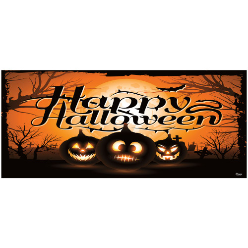 Triple Jack-O'-Lanterns Happy Halloween Double Car Garage Door Banner - 7' x 16' - IMAGE 1