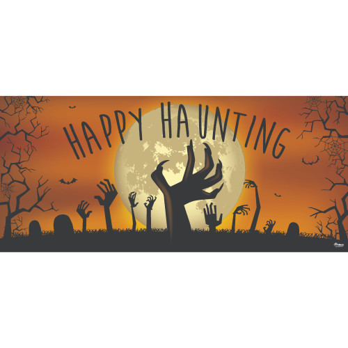7' x 16' Orange and Black Graveyard Zombie Halloween Double Car Garage Door Banner - IMAGE 1