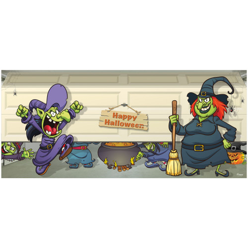 7' x 16' Purple and Ivory Witches Halloween Double Car Garage Door Banner - IMAGE 1