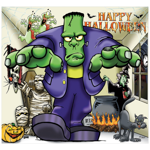 7' x 8' Green and Purple Frankenstein Halloween Single Car Garage Door Banner - IMAGE 1