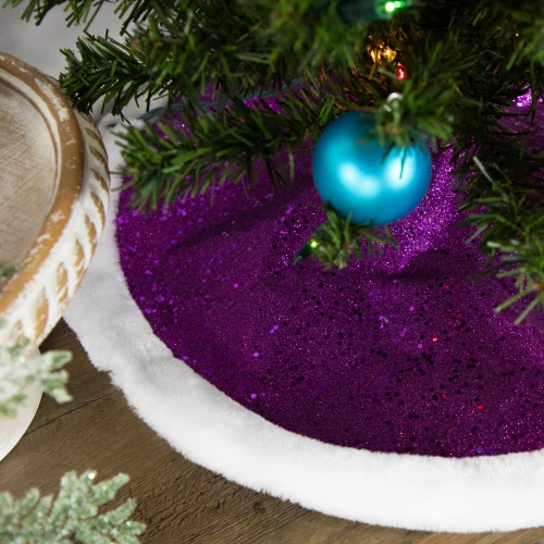 20" Magenta Glittered Mini Christmas Tree Skirt with White Fur Trim - IMAGE 1