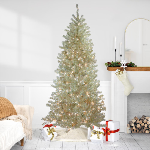 Metallic Platinum Artificial Tinsel Christmas Tree - 7 ft Clear Lights - IMAGE 1