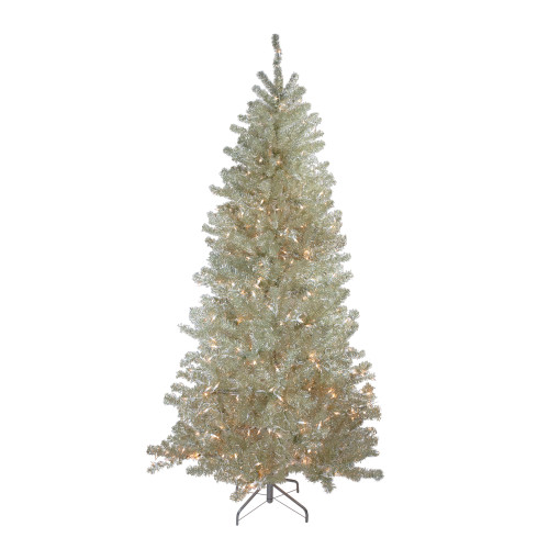 6' Pre-Lit Silver Champagne Artificial Metallic Tinsel Christmas Tree - Clear Lights - IMAGE 1