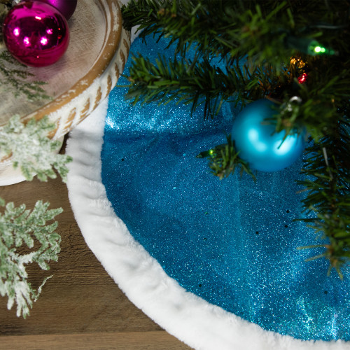 20" Blue Glittered Mini Christmas Tree Skirt with Fur Trim - IMAGE 1