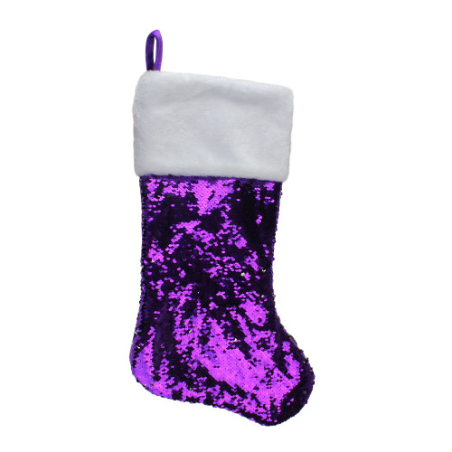 23" Purple and Silver Reversible Sequined Christmas Stocking with Faux Fur Cuff - IMAGE 1