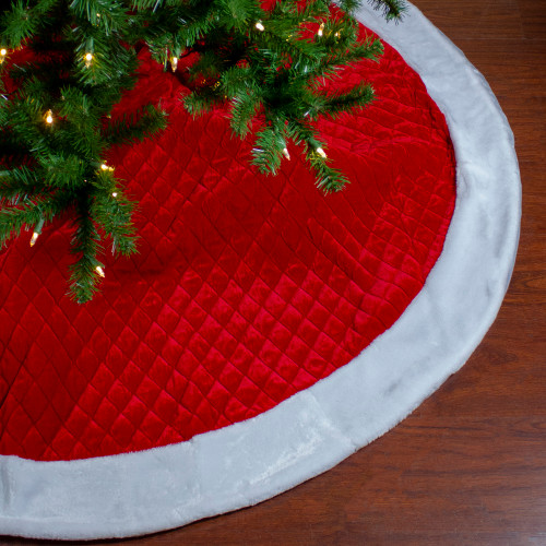 72" Red and White Quilted Christmas Tree Skirt with Faux Fur Trim - IMAGE 1