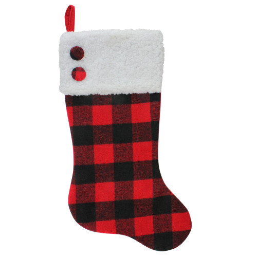 23" Black and Red Rustic Buffalo Plaid Christmas Stocking - IMAGE 1