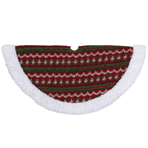 20" Red and Green Lodge Knitted Mini Christmas Tree Skirt with High Pile Fleece Trim - IMAGE 1