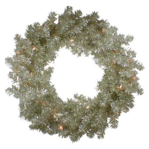 Pre-Lit Metallic Silver and Champagne Artificial Tinsel Christmas Wreath, 24 inch, Clear Lights - IMAGE 1