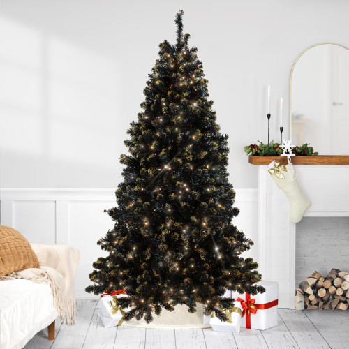 Pre-Lit LED Black Crystal Pine with Gold Glitter Artificial Christmas Tree - 7.5 ft Clear Lights - IMAGE 1
