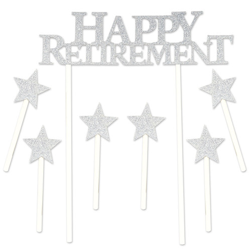 24 Pieces Silver “HAPPY RETIREMENT” Retirement Party Cake Topper 3.25’ - IMAGE 1