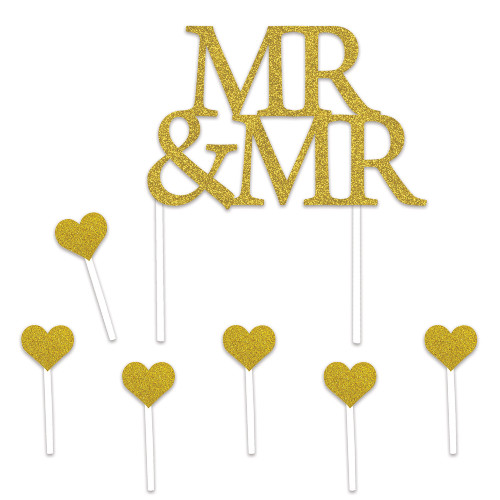 Set of 12 Gold Mr & Mrs Cake Topper and Hearts 8.5” - IMAGE 1