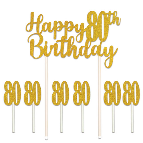 Set of 12 Gold Happy 80th Birthday Cake Topper 8.25" - IMAGE 1