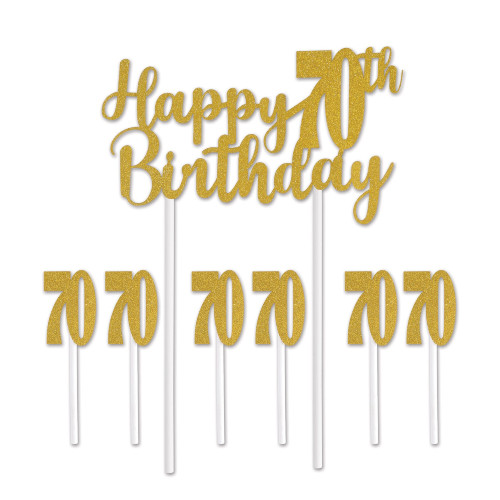 Set of 12 Gold Happy 70th Birthday Cake Topper 8.25" - IMAGE 1