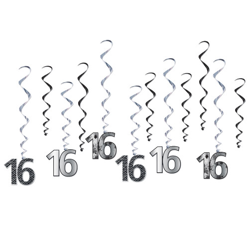 72-Pieces Silver and Black Number 16 Design Party Hanging Whirls 26" - IMAGE 1
