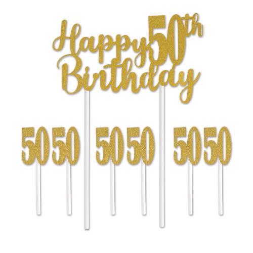 Set of 12 Gold Happy 50th Birthday Cake Topper 8.25" - IMAGE 1