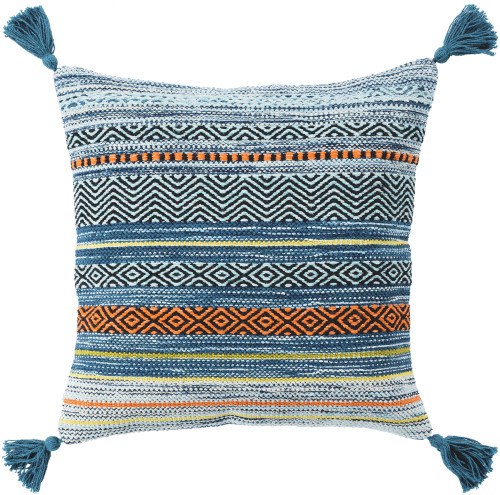 22" Aqua Blue and White Square Throw Pillow with Tassels - Poly Filled - IMAGE 1