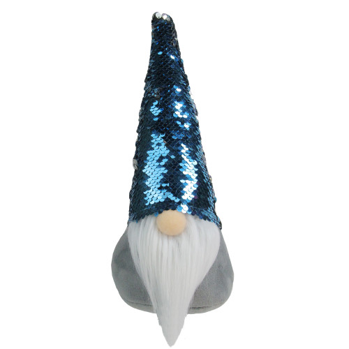 Standing Christmas Gnome Decoration with Flip Sequin Hat - 13.5" - Gray and Blue - IMAGE 1