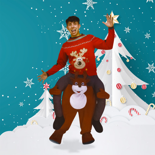 Brown and Red Carry Me Festive Reindeer Adult Costume - One Size - IMAGE 1