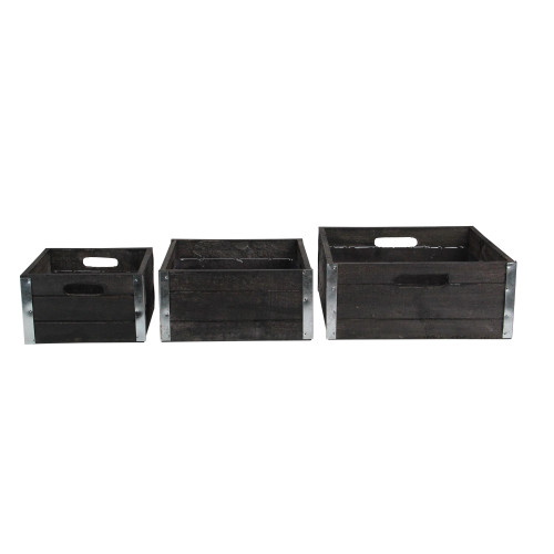 Set of 3 Brown and Silver Solid Square Nesting Wood Crates 11" - IMAGE 1