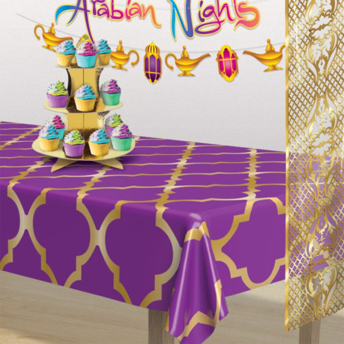 Moroccan Lattice Party Disposable Tablecloth – 108” – Purple and Gold – Pack of 12 - IMAGE 1