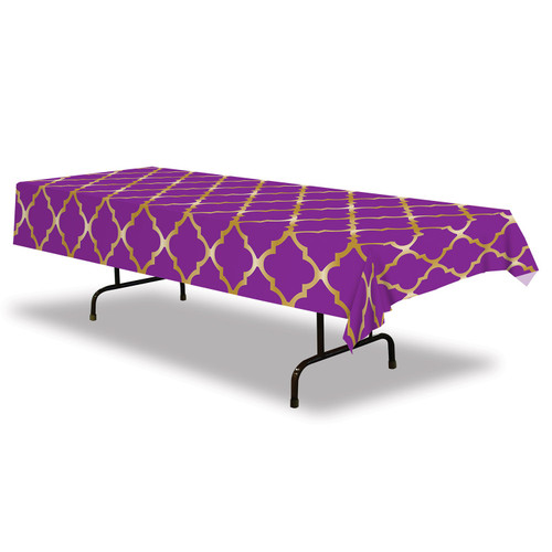 Set of 12 Purple and Gold Lattice Plastic Party Table Cover 9' - IMAGE 1