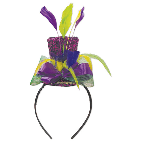 Set of 6 Multi-Color Mardi Gras Top Hat Design Party Headband 4" - IMAGE 1