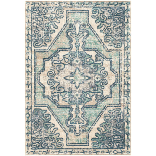 2' x 3' Distressed Traditional Style Blue and Beige Rectangular Machine Woven Area Throw Rug - IMAGE 1
