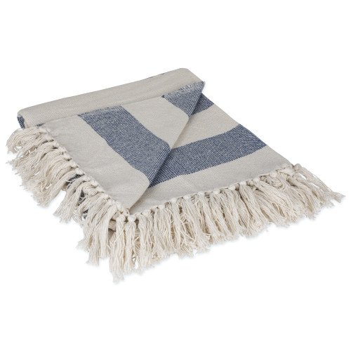 Blue and White Cabana Striped Fringed Throw Blanket 50" x 60" - IMAGE 1