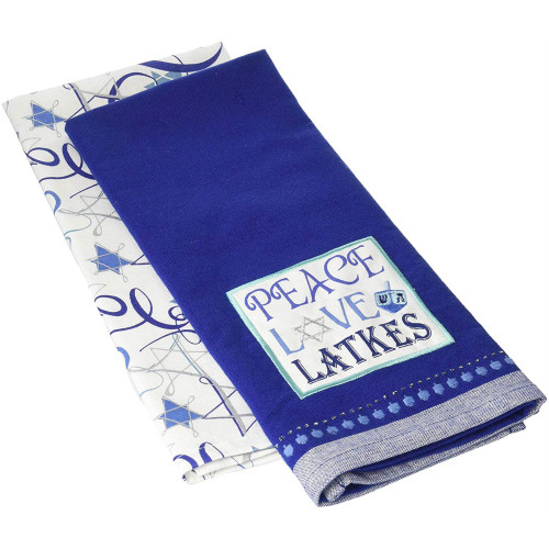 Set of 2 Violet and White "PEACE LOVE LATKES" Printed Dishtowels 28" - IMAGE 1