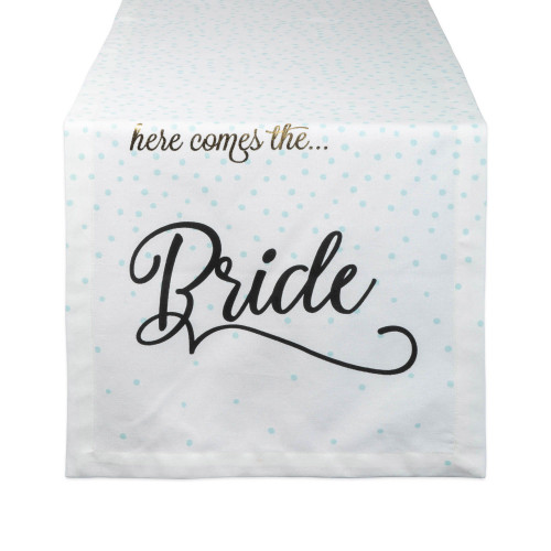 72" Here Comes the Bride Blue Polka Dot Printed Wedding Table Runner - IMAGE 1